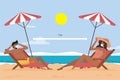 Couple on the beach at tropical resort Travel concept. Vector illustration of woman and man in underwear with mask. People sunbath