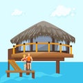 Couple on beach vacation in sea ocean bungalow house vector illustration. Family man and woman girl tourists travellers