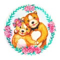 Couple bears flower wreath celebration watercolor painting