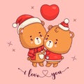 Couple bears in love. Romantic teddy bear girl and boy with heart in winter clothes. Animals kawaii characters