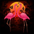 Pink Flamingos on Warm Tropical Sunset Vector Illustration