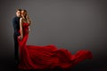 Couple Beauty Portrait, Beautiful Woman in Mask and Red Dress and Elegant Man, Fluttering Gown