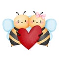 Couple bee with red heart clipart, Watercolor honeybee in love illustration Royalty Free Stock Photo