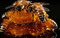 A couple of bees sitting on top of a piece of honey. Generative AI image.