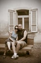 Couple on bench in sepia