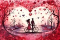 Couple with bicycle on city background, hand drawn watercolor illustration. Valentine's Day card