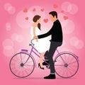 Couple on bicycle fall in love pink background romantic moment man woman