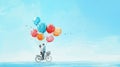 Couple on a bicycle lifted by colorful balloons, evoking whimsy and adventure in a watercolor scene.