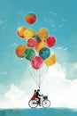 Couple on a bicycle lifted by colorful balloons, evoking whimsy and adventure in a watercolor scene.