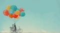 Couple on a bicycle lifted by colorful balloons, evoking whimsy and adventure in a watercolor scene.