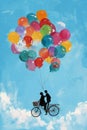 Couple on a bicycle lifted by colorful balloons, evoking whimsy and adventure in a watercolor scene.