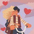 A couple on a bike. Happy Valentine`s Day concept. Couple in love on a bicycle drawing art. Valentine`s Vector Illustration