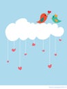 Couple bird with white cloud and hearts rain
