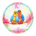 Couple birds flower wreath celebration watercolor painting Royalty Free Stock Photo