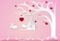 Couple birds and heart tree on pink paper art style, Valentine Royalty Free Stock Photo
