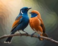 A couple of birds sitting on top of a tree branch, colorful birds. beautiful picture of birds Royalty Free Stock Photo