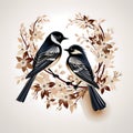 Couple of birds sitting on top of tree branch. Generative AI Royalty Free Stock Photo