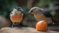 a couple of birds sitting on top of a wooden table next to an orange peel and a tree branch with a tree in the background Royalty Free Stock Photo