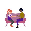 Couple of black and caucasian adult women are talking sitting on sofa. Argue, fight, angry conversation. Flat style stock vector