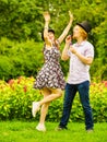 Couple blowing bubbles outdoor Royalty Free Stock Photo