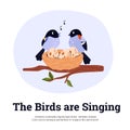 Couple of blue birds hatches eggs and singing in the nest on tree branch, cute bird family home, wildlife vector poster Royalty Free Stock Photo
