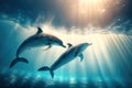 Couple of blue dolphins swimming underwater. Marine animals wallpaper. Generative AI Royalty Free Stock Photo