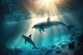 Couple of blue dolphins swimming underwater. Marine animals wallpaper. Generative AI Royalty Free Stock Photo