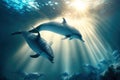 Couple of blue dolphins swimming underwater. Marine animals wallpaper. Generative AI Royalty Free Stock Photo