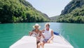 Couple in boat Provence, Verdon Gorge at lake of Sainte Croix, Provence, France, near Moustiers SainteMarie, department