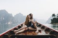 Couple boating on a quiet lake