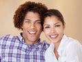 Couple, bonding and support in studio portrait, love and loyalty in relationship on brown background. People