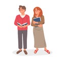 Couple book lovers, reading characters holding books. Young woman and man literature fans isolated vector symbols illustration.