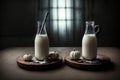 A Couple Of Bottles Of Milk Sitting On Top Of A Table. Generative AI