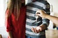 Couple bought new house keys being handed Royalty Free Stock Photo