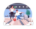 Couple in bowling alley 2D vector web banner, poster Royalty Free Stock Photo