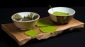 a couple of bowls of food on a wooden tray with a leaf on top of the bowl and another bowl of food on the other side