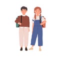 Couple of boy and girl. Portrait of school children with backpacks. Two teen kids standing together. Colored flat vector Royalty Free Stock Photo
