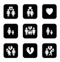 Couple breakup, divorce black icons set