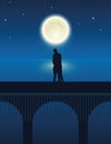 Couple on a bridge by the lake with full moon in a starry night Royalty Free Stock Photo