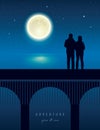 couple on a bridge by the lake with full moon in a starry night Royalty Free Stock Photo