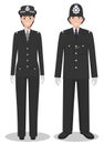 Couple of british policeman and policewoman in traditional uniforms standing together on white background in flat style