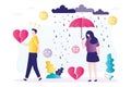 Couple broke up due to conflict. Annoyed man walks away with broken heart. Upset woman stands with umbrella in rain