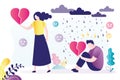 Couple broke up due to conflict. Annoyed woman walk away with broken heart. Upset man sitting in rain. End of relationship, Royalty Free Stock Photo