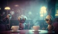 a couple of bugs sitting at a table with a cup of coffee in front of them, with steam coming out of their eyes Royalty Free Stock Photo