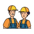 Couple builders workers with helmets