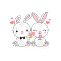 Couple bunny give flowers with love.