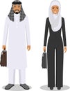 Couple of business arab man and woman standing together on white background in flat style. Business arabic team and teamwork