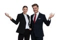 Couple in business suits questioning with hands gesture Royalty Free Stock Photo
