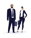 A couple in business suits are standing with briefcases. Man and woman clip art in a flat minimalistic design. Portraits of Royalty Free Stock Photo