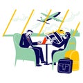 Couple of Businessmen Characters Sitting at Airport Business Lounge Wait for Flight. Men Sitting on Armchairs